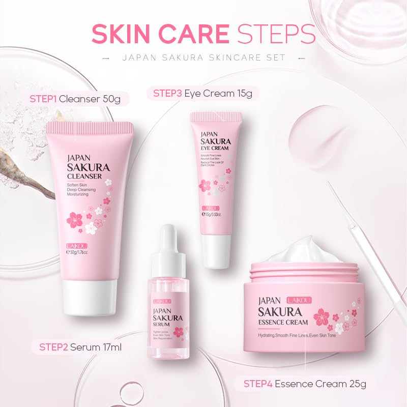LAIKOU Sakura Skincare Set, 4 PCS Skincare Gift Set Women - Cleanser, Serum, Eye Cream, Face Cream, Skincare Gift Set for Women Teenage Girls Mom Daughter
