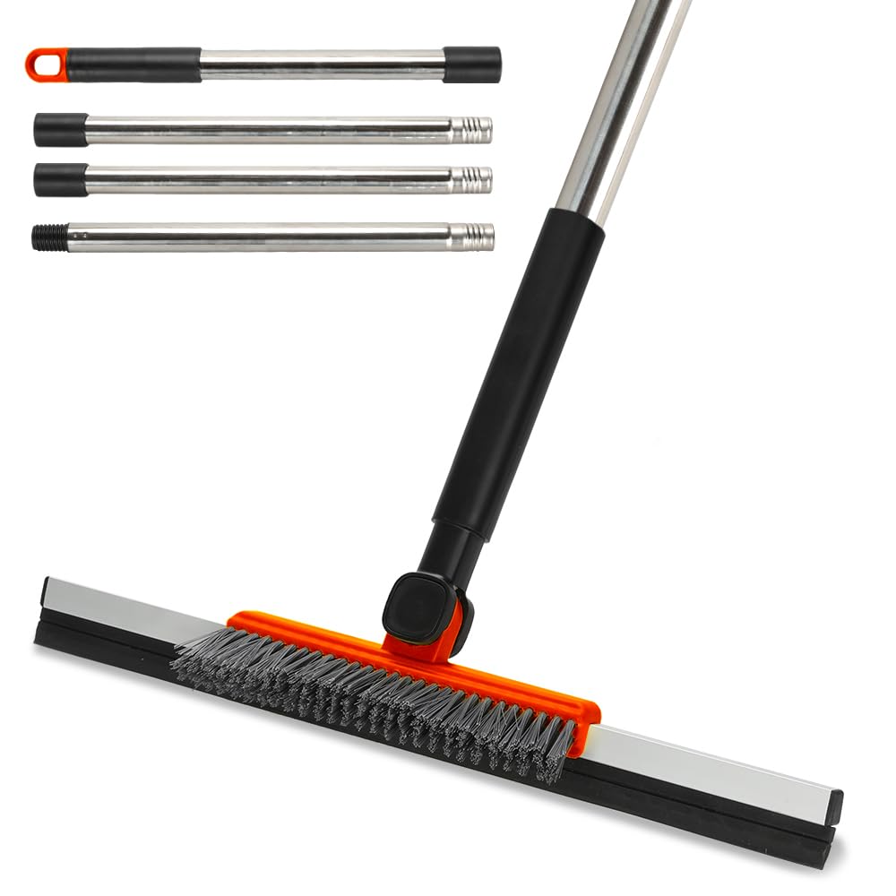 Gloffer 2-in-1 Floor Squeegee Scrubber with 54" Adjustable Handle - Stiff Bristle Brush & Rubber Squeegee for Bathroom, Kitchen, Garage Floor Cleaning(Red)