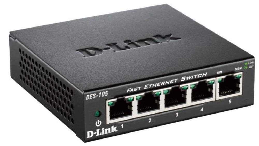 D-Link DES-105/B 5 Port Fast Ethernet Metal Desktop Switch, Hub, Internet Splitter, Metal, Fanless, Plug and Play - UK Model