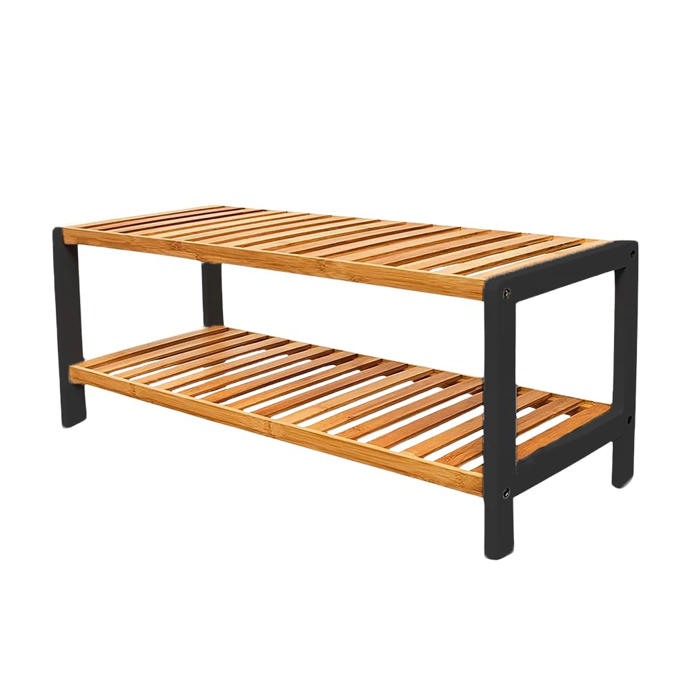 1ABOVE Bamboo Shoe Rack, Plant Rack, Perfect for Corridor, Living Room, Bathroom, Bedroom, Hallway or Small spaces-Parent. (Black & Natural, 2 Tier)