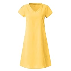 Women's Summer Cotton Linen Dress Loose V-Neck