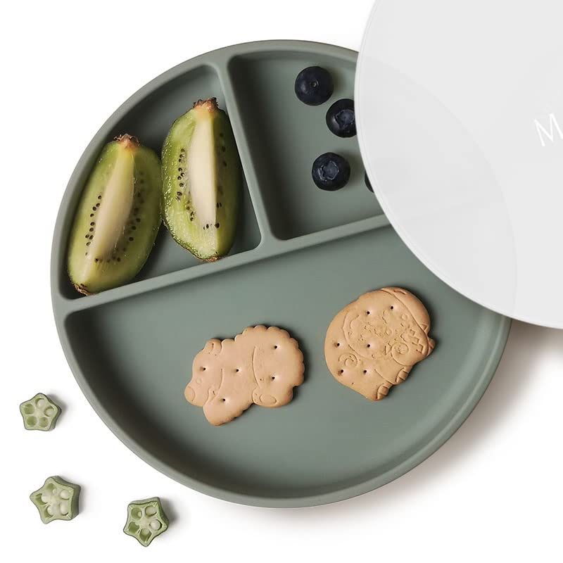 Moonkie Suction Plates for Babies & Toddlers | BPA-Free Weaning Plate with Lid | Silicone Divided Plate | Microwave and Dishwasher Safe - 1 Pack (Sage)
