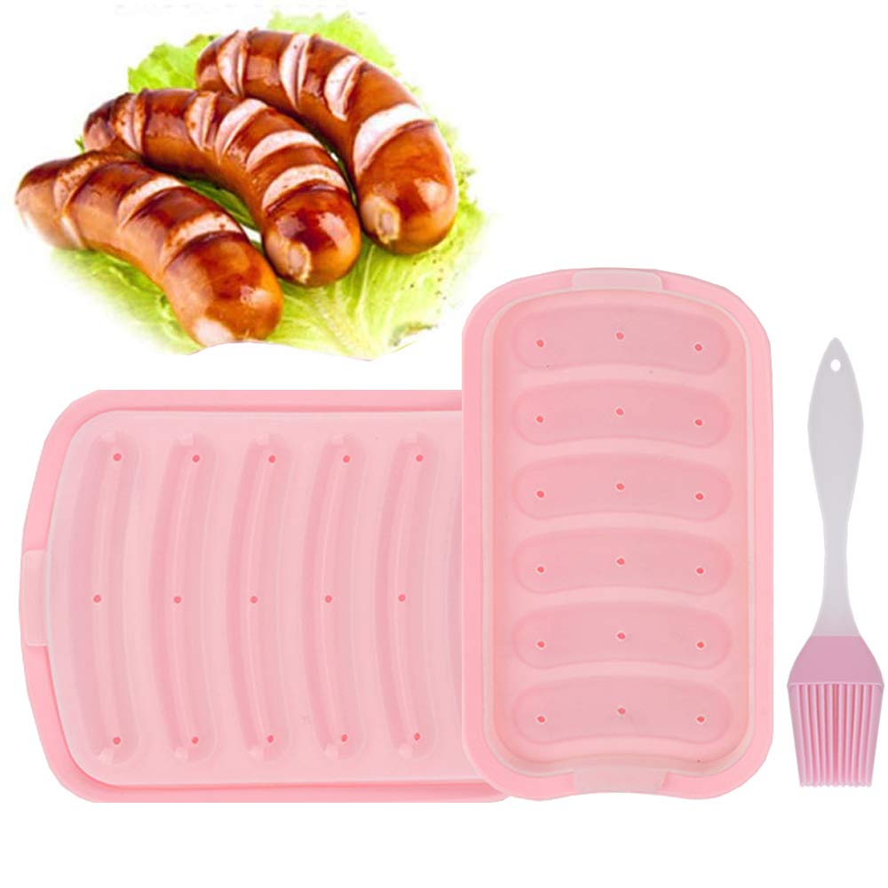 Silicone Sausage Mold, 2 Pieces Sausage Hot Dogs Silicone Mold, Sausage Making Mould, with Air Hole Cover, Seasoning Brush, for Egg Sausage, Baby's Supplementary, LCE Candy, Jelly, Chocolate (Pink)