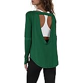 Tankaneo Womens Open Back Workout Shirts Casual Long Sleeve Boat Neck Tops Athletic Gym Yoga Tees with Thumb Holes
