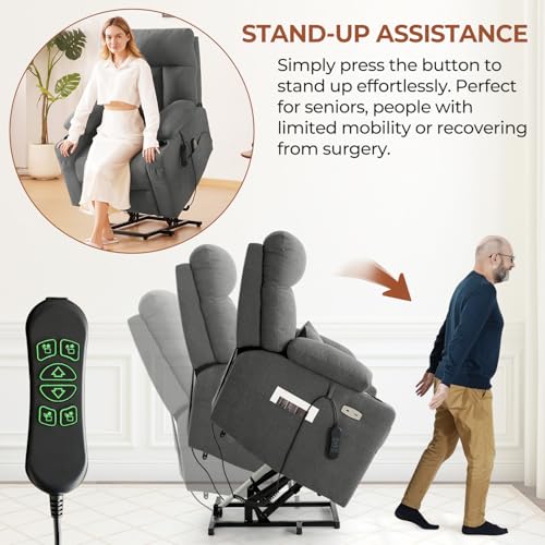 Power Lift Recliner Chair for Elderly with Adjustable Headrest, Triple Motor Zero Gravity Recliner Chairs for Adults with Massage & Heat, Extended Footrest, Cup Holder, Lumbar Pillow, Fabric (Grey)