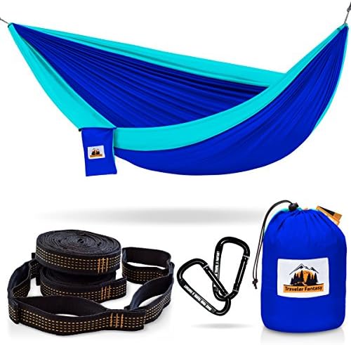 Huge Sale Ending Soon! All-in-One Camping Hammock, Portable and Lightweight – Includes Double Parachute Hammock + 2 Heavy Duty 10' Straps + Super Strong Carabiners by Traveler Fantasy (Ocean Blue)
