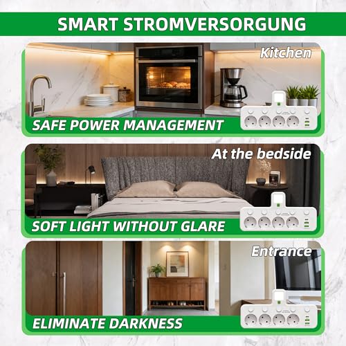 Power Strip with Individual Switch, 4 Sockets with USB and Night Light, 4 Mains Outlets + 1 Type-C + 2 USB Suitable for Home, Office, Phone, Portable