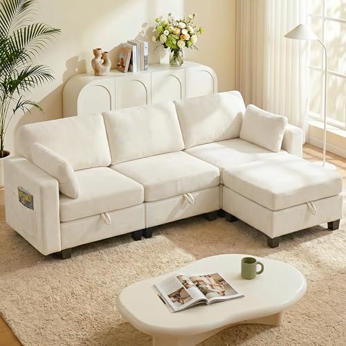 Real Relax 99.6'' Oversized Sectional Sofa, Modular 3 Seater L Shaped Comfy Cloud Couch with Storage Movable Ottoman and Thick Cushion for Apartment Living Room Bedroom, Beige, Chenille