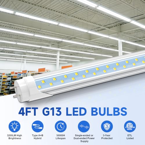 JESLED T8 LED Type A+B Tube Light, 4FT, 24W 3000LM 6500K, 4 Foot T12 LED Fluorescent Bulbs Replacement, ETL Listed, Dual-end Powered, Plug and Play or Ballast Bypass, Shop Lights for Garage (12-Pack)