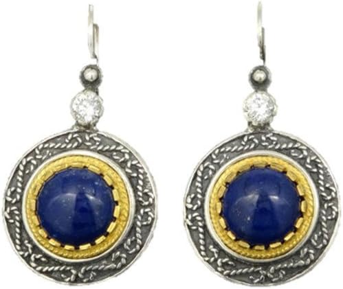 Natural Lapis Earrings Etruscan Style 925 Sterling Silver & 22K Gold Plated Greek Handmade Art Big Rare