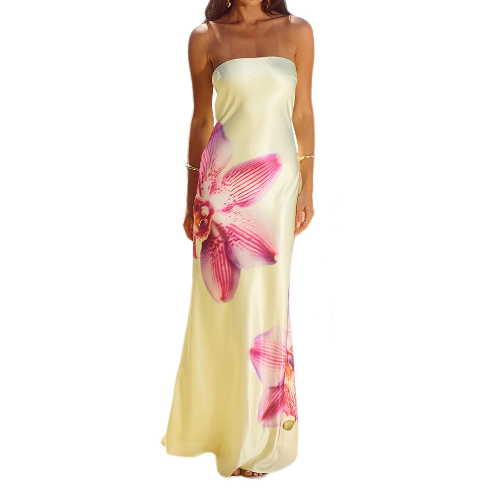 Photo 1 of Women Strapless Floral Maxi Dress Sexy Sleeveless Backless Off Shoulder Long Summer Dress 2025 (Yellow, S)