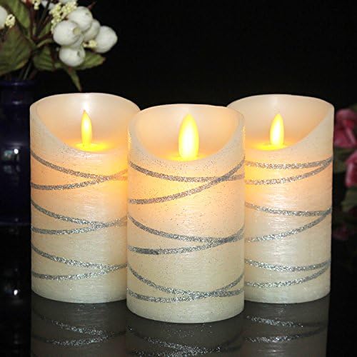 Enamorare Classic Flameless Candles 3" X 5" Dripless Pillar Real Wax Realistic Dancing LED Flames and 10-key Remote Control with Cycling 24-hour Timer Function (Silver) -Set of 3