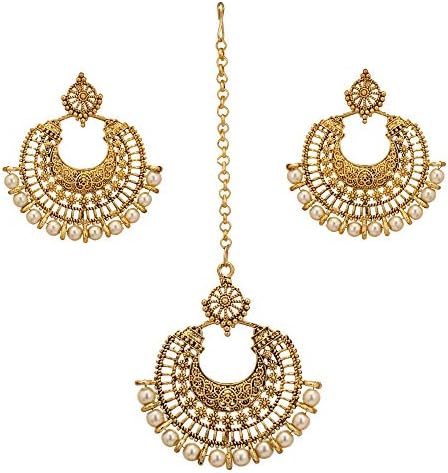 ZIKU JEWELRY Gold Plated Faux White Pearl Beaded Earring Set with Hair Chain MAANG TIKA for Women