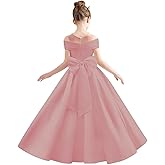 Fulbymu Satin Flower Girl Dresses for Wedding Beaded Solid Pageant Dress for Girls Long Ball Gown Dress with Bow