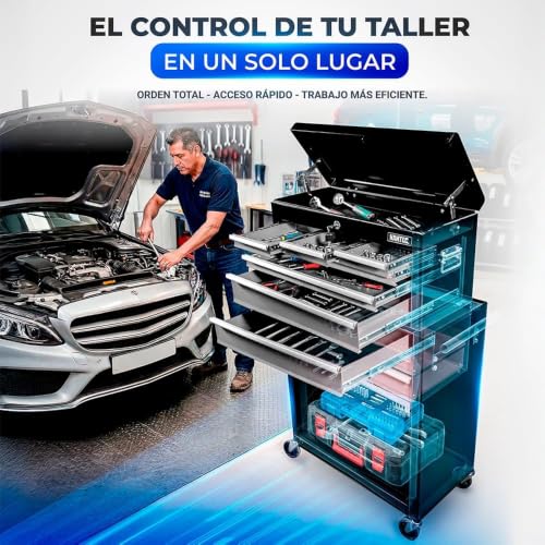 Hantec - Combo Caja de Herramientas y Estante Móvil - 9 Cajones Deslizables, Metal Reforzado con Ruedas y Cerradura - Color Gris
