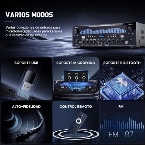 HZERO 1000W Amplificador de Audio para Casa de 5.1 Canales para Altavoces de 8-16 Pulgadas, Amplificador de Altavoces con Ventilador Inteligente Entrada Coaxial óPtica，Conectable A Subwoofer Pasivo