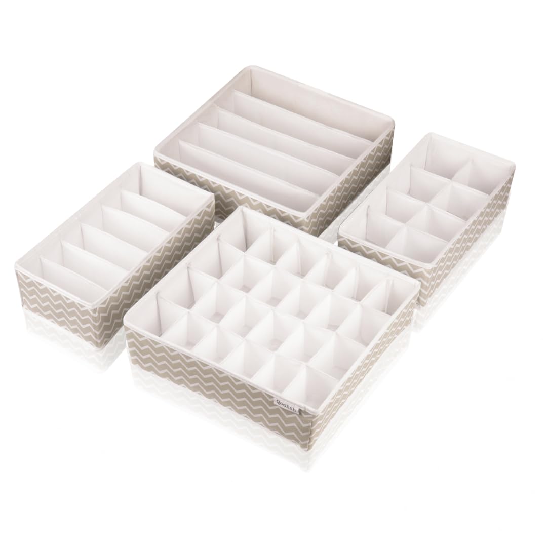 Qoolish Underwear Drawer Organiser - Pack of 4 - Perfect Clothes storage organiser for Ties, Socks, Bras, Cosmetics, and underwear storage - Sturdy Drawer organiser to sort your bedroom