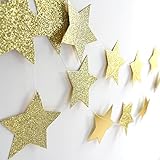 Glitter Gold Sparkle Twikle Star Paper Garland for Wedding Birthday Party Baby Shower Holiday Decoration Table Wall Ceiling Decor (4 inch in Diameter, 6.6 Feet,Pack of 2, FUS-5)
