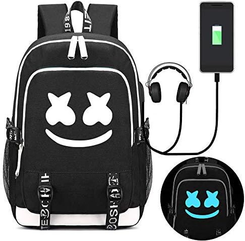 DJ Marshmello Luminous Backpack, Unisex Schoolbag Laptop Backpack Cool Bag for Teenagers with USB Port, Travel Bag, Job Bag, School Bag