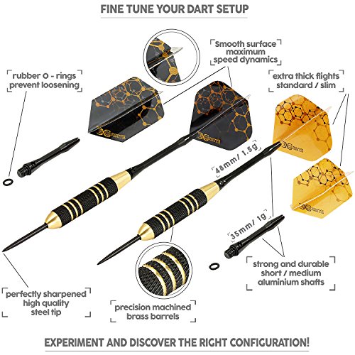 Professional Steel Tip Darts Set - Custom Shaft and Flight Setup | 6 Brass Barrels 22grams | 12 Aluminum Shafts 35/48mm | 12 Flights Standard/Slim | Darts Sharpener | Darts tool and Case