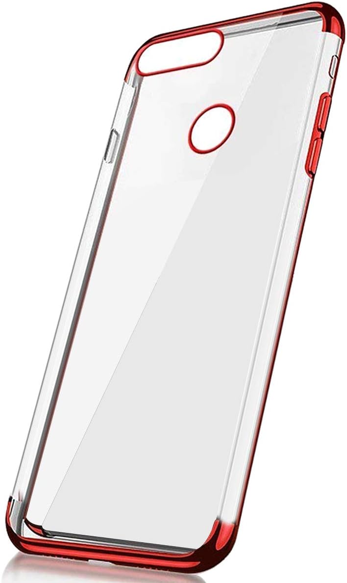 Huawei P Smart Case,Huawei P Smart Ultra Slim Silicone Cover,Felfy Cover for Huawei P Smart Soft Silicone Case,Novelty Electroplating Shock-Absorption Ultra Slim Transparent Silicone Case Ultra Slim Soft Gel Cover TPU Case Protective Case Crystal Clear Cover Bumper Antishock Dustproof Ultra Soft Protective Bumper Cover Case for Huawei Enjoy 7S/P Smart + 1 Silver Stylus Pen + 1 Dust Plug.Red