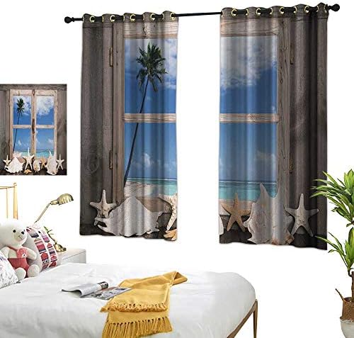 Living Room Curtain W55 x L63 Beach,Summer Holiday wih Seashells Starfish and Palm Tree Ocean Print,Pale Brown Sky Blue and White Bedroom Living Room Dining Room