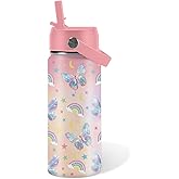 Butterfly Gift for Girls - 16oz Kids Water Bottle with Straw Lid, Stainless Steel Insulated Bottle, Leakproof, BPA-Free, for School, Travel - Rainbow Butterfly Lovers Children Birthday Gift Cup(1pc)