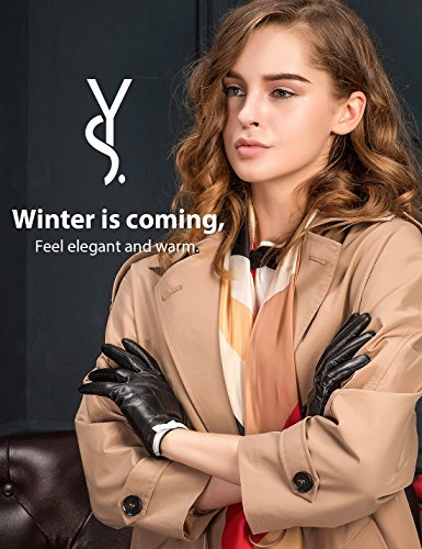 YISEVEN Women's Touchscreen Sheepskin Leather Gloves White Bow Knot Wool or Fleece Fur Lined Luxury for Ladies Winter Accessories Hand Warm Dress Motorcycle Driving Xmas Gifts, Black 7"/Medium