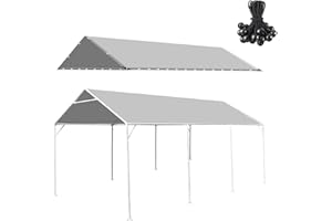 BOUTICOL 10 x 20 Ft Heavy Duty Carport Replacement Canopy Waterproof & UV Protected Garage Top Tent Shelter Tarp with 44 Ball Bungees Cords, Only Top Cover, Silver Grey