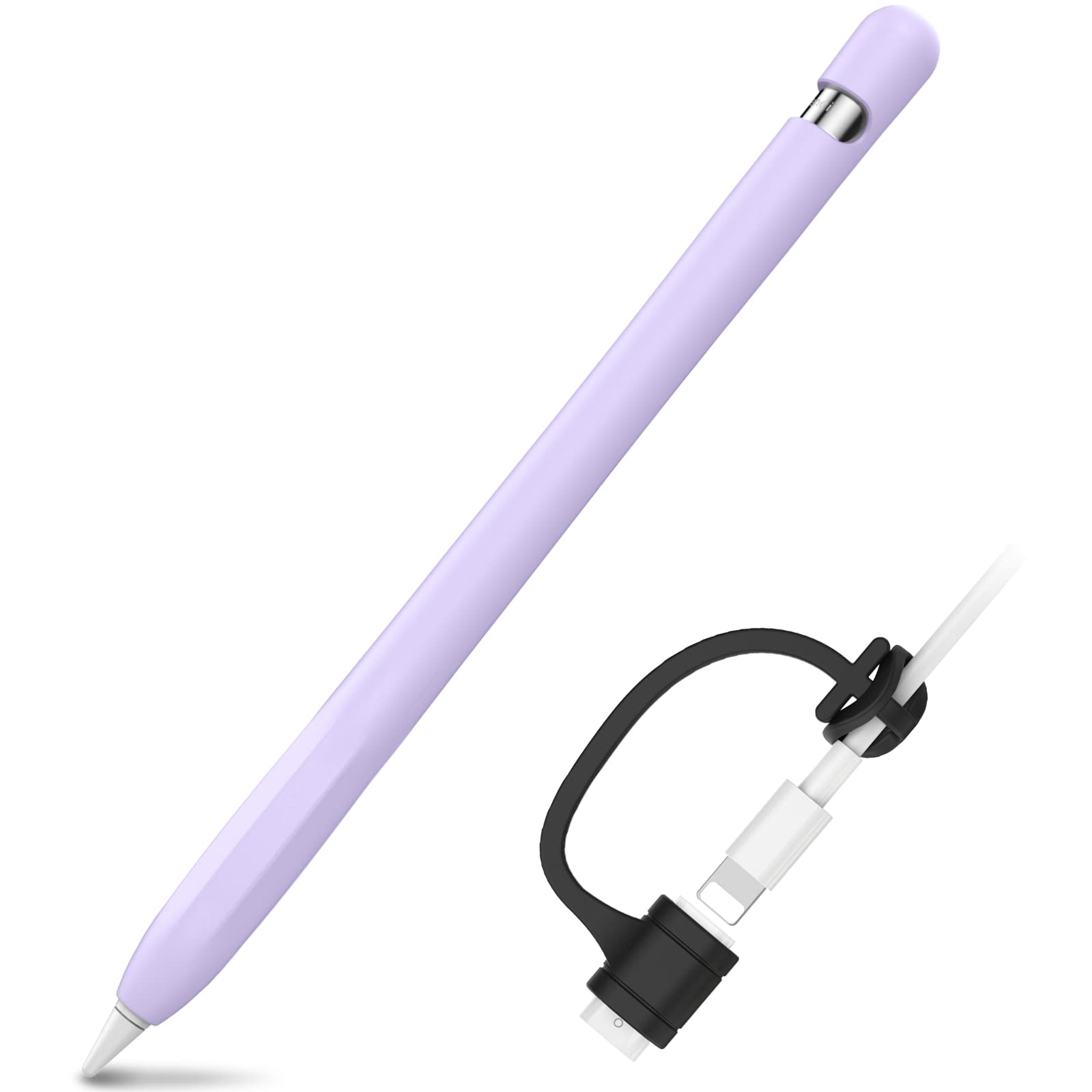 AHASTYLE Silicone Case for Apple Pencil 1st Gen [Added Cable Adapter Tether] Anti-slip Protective Case Compatible with Apple Pencil 1st Gen (1 Pack, Lavender)