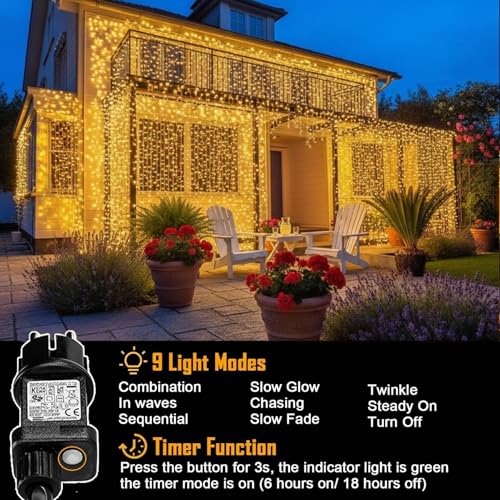 yowin 6 m x 3 m 600 LED Waterfall Lights Waterproof IP65 with Timer, 8 Modes Tent Lights with Socket for Wedding, Gazebo, Window, Wall, Garden – Warm White
