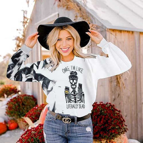 MOUSYA HALLOWEEN SKELETON SWEATSHIRT WOMEN SKULL SHIRT FUNNY COFFEE SKELETON HOODIE FALL LONG SLEEVE PULLOVER TOPS