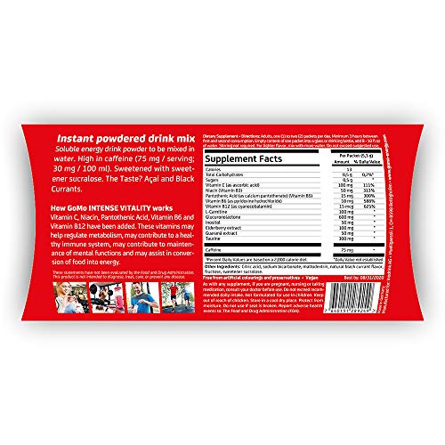 GoMo EnergyÂ® Sports Drink Powder | Highly dosed Caffeine, L-Carnitine, Guarana & Black Elderberry Extract, Taurine, Vitamin C and B Vitamins | Energy Drink Powder Mix | Intense Vitality 30 Servings