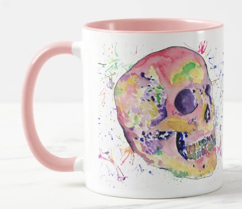 Vixar Skull 2 Watercolour Art Coloured Mug Cup Gift Birthday Work Office Christmas Tea Coffee (Pink)