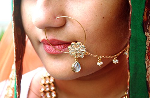 Abhika Creations White Dangling Crystal, Pearl Beaded Alloy Chain Nath, Golden Flower Traditional Indian Nose Ring