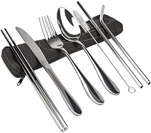Portable Utensils Set, 7 Pieces Reusable Flatware Set Rustproof Stainless Steel Tableware Dinnerware Fork Knife Spoon with Portable Case for Travel Camping School Kids Office Hiking Camp and Other
