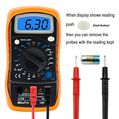 WeePro Vpro850L Digital Multimeter DC AC Voltmeter, Ohm Volt Amp Test Meter, Electric Tester Ohmmeter with Diode and Continuity Detector, Backlit Display and Insulated Rubber Case Kickstand