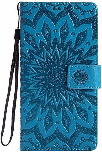 Dfly Huawei Ascend Mate 7 case, Premium Soft PU Leather Embossed Mandala Design Kickstand Card Holder Slot Slim Flip Protective Wallet Cover for Huawei Ascend Mate 7, Blue