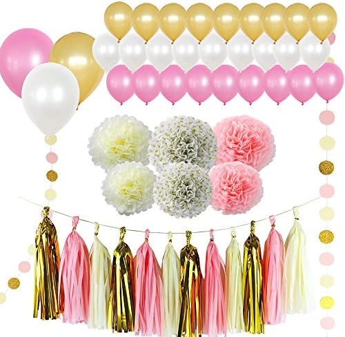 Bachelorette Party Decorations by Alliswell | Bridal Baby Shower Decor set + 50 pcs Pink Cream and Glitter Gold Tissue Paper Pom pom Party Supplies + with Latex Balloons