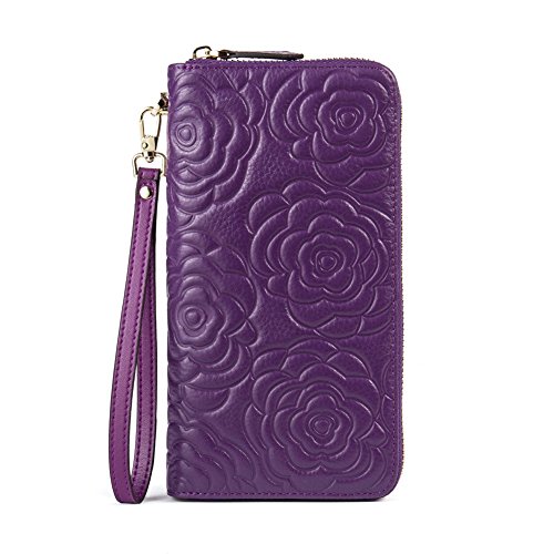 BOSTANTEN Leather Wallets Camellia Pattern Zipper Handbags with Wristlet for Women Purple