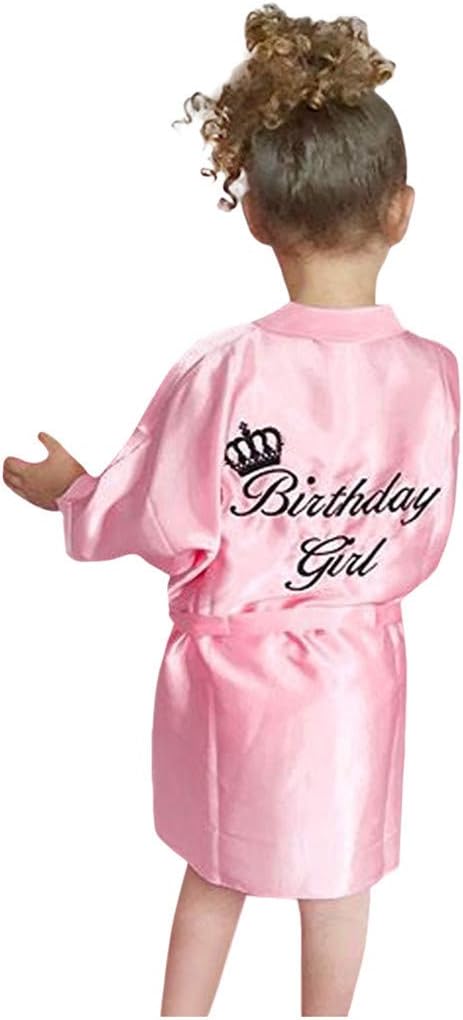 Toddler Girls Silk Birthday Shower Bathrobe Kids Satin Solid Color Half Sleeve Dressing Gown with Belt Baby Kimono Robecoat Sleepwear Pajama Gift for Child Size 1-4 Years Old