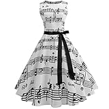 Wellwits Women's Boat Neck Sash Tie Music Note Print Midi Fall Swing Dress XL