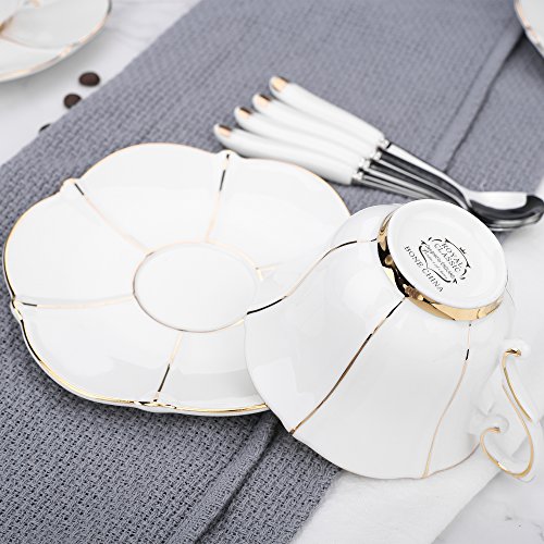 ARTVIGOR Lotus Leaf Shape Gold Rimmed Turkish Coffee Set of 12, New Bone China Espresso Cup Sets of Teacups, Saucers and Spoons for 4, Ivory White