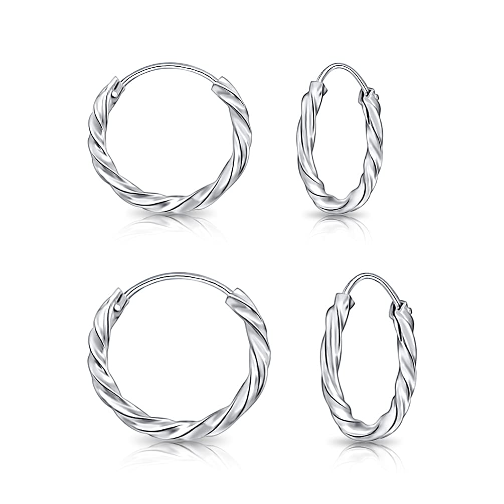 DTPsilver - Set of 2 PAIRS of TINY 925 Sterling Silver Twisted Hoops/Sleepers Earrings - Thickness 1.8 mm - Diameter 10 and 12 mm