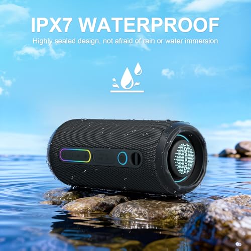 YOLOEMOT T13 Portable Bluetooth Speaker, 24W Stereo Sound Deep Bass, IPX7 Waterproof, 12H Playtime, Bluetooth 5.3, TWS Pairing, RGB Light for Shower Camping Beach Outdoor (Black)