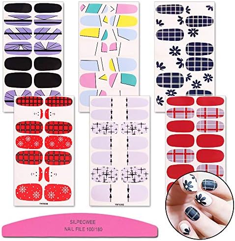 SILPECWEE 6 Sheets Flower Lattice Nail Polish Strips Adhesive Nail Stickers Nail Wraps for Women Nail Art Stickers Manicure Accessories with 1pc Nail File
