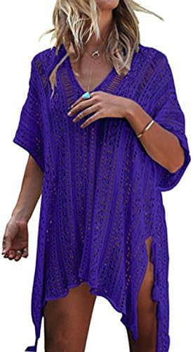 CXINS Women’s V Neck Bathing Suit Knitted Cover Up Hollow Out Beach Bikini Swimsuit Swimwear Crochet Dress Size OneSize Violet