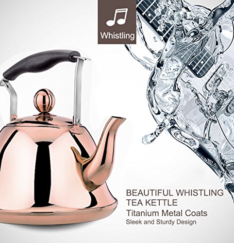 Onlycooker Whistling Tea Kettle Stainless Steel Stovetop Teakettle Sturdy Teapot for Tea Coffee Fast Boiling with Infuser Mirror Finish 2 Liter/2.1 Quart (Rose Gold)