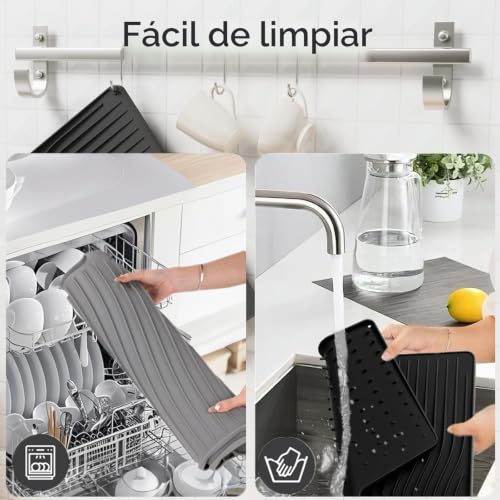 Premium Silicone Dish Drainer with Inclined Design - Non-Slip, Heat Resistant (446°F), Quick Drying Dish Drainer for Kitchen Countertop, Sink (Grey, 37*29.5cm)