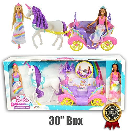 Barbie Dreamtopia Sweetville Horse Carriage and Princess Dolls Rainbow  Unicorn Purple and Pink Dreamland